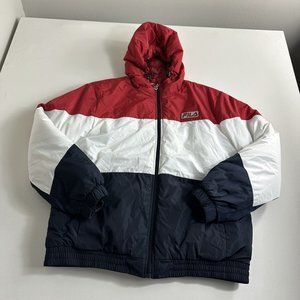 Fila Puffer Hooded Coat Jacket Color block Red‎ White Blue Large Full ZIP